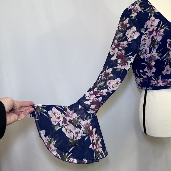 Essue crop top sheer flounce sleeve dark blue pink purple womens M - Picture 3 of 16